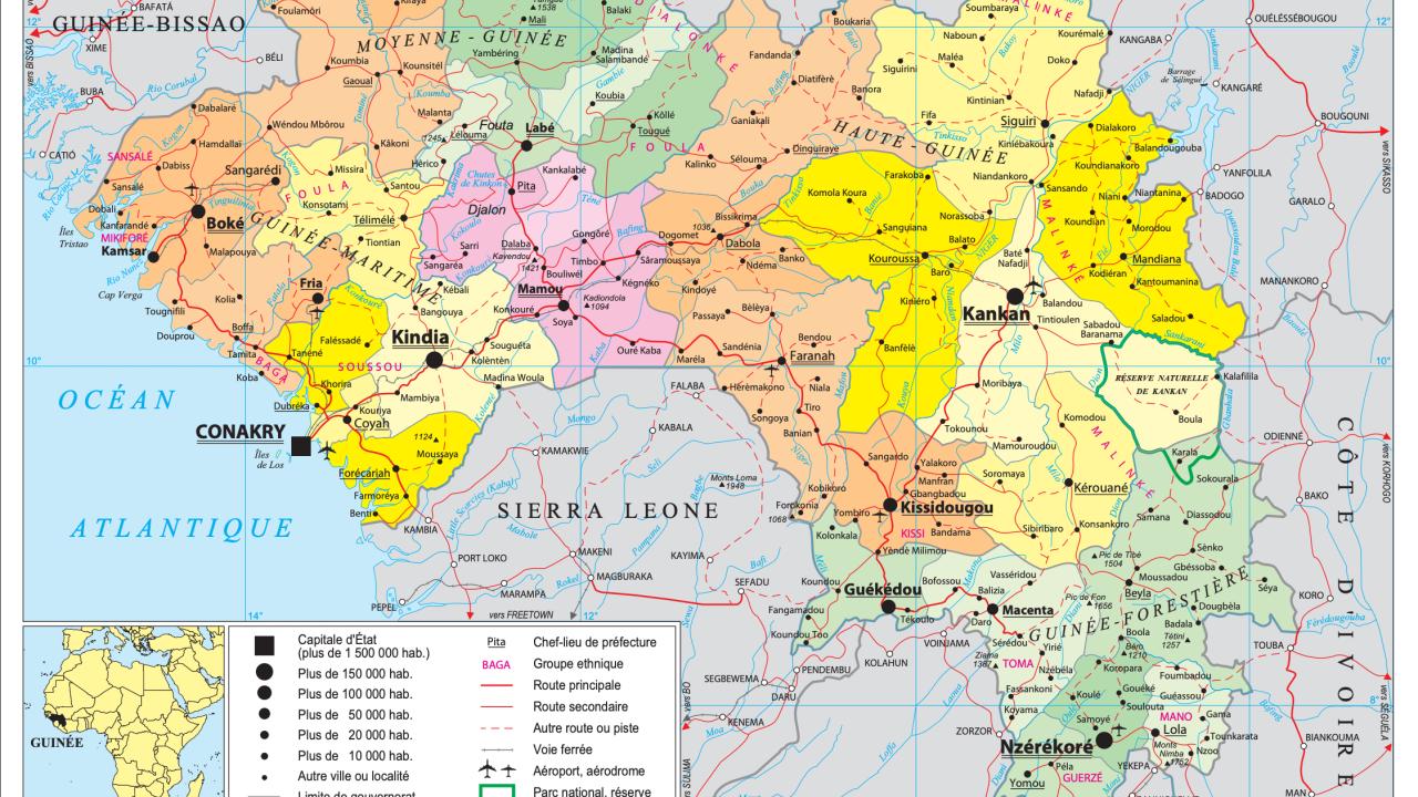 Carte de la Guinée montrant les régions, les préfectures et les principales villes du pays