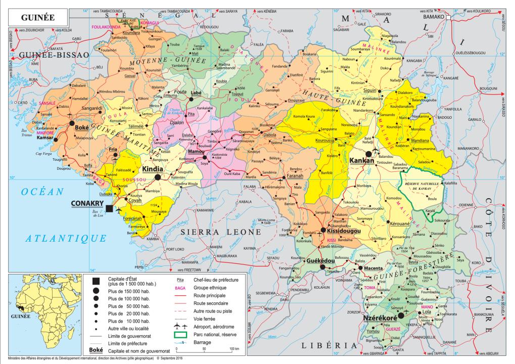 Carte de la Guinée montrant les régions, les préfectures et les principales villes du pays