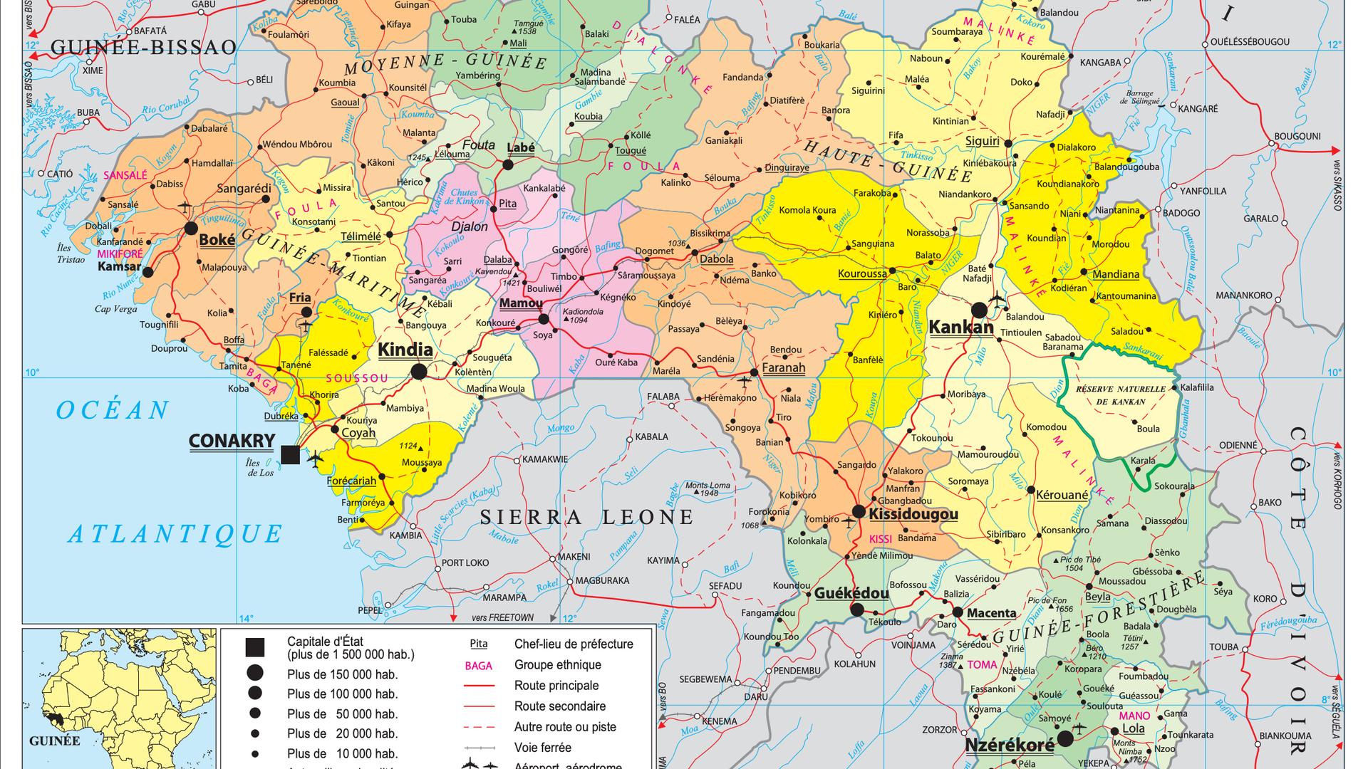 Carte de la Guinée montrant les régions, les préfectures et les principales villes du pays