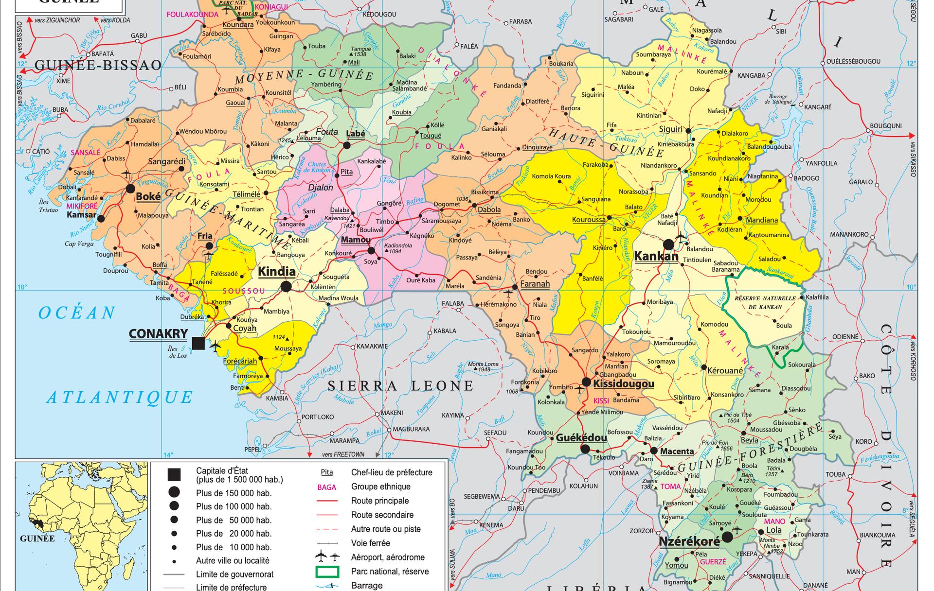Carte de la Guinée montrant les régions, les préfectures et les principales villes du pays