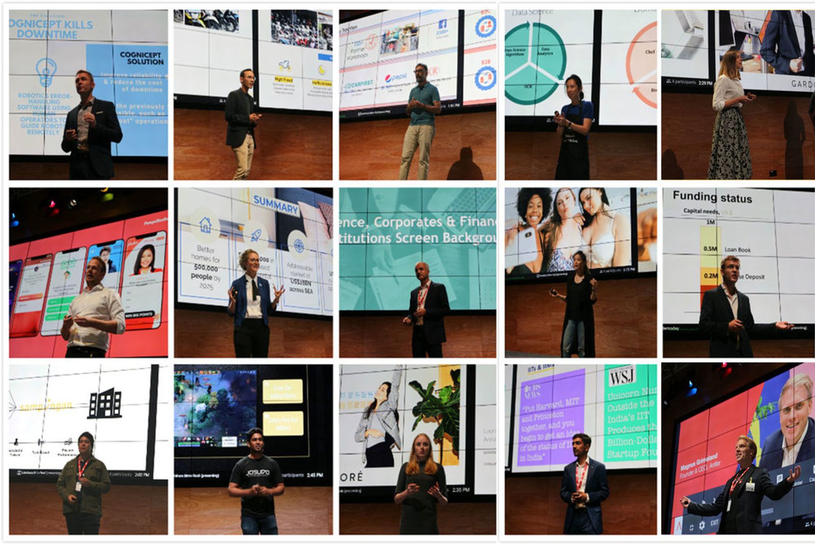 15 images of different startups pitching their businesses at the Antler Singapore  demo day