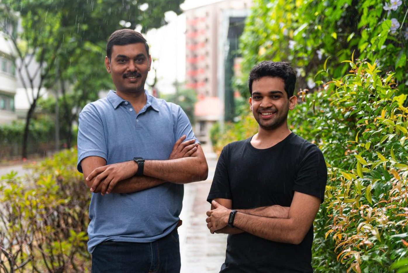 Portrait of Chloropy CEO Gajendra Babu and CTO Apoorv Vaish with arms crossed outside