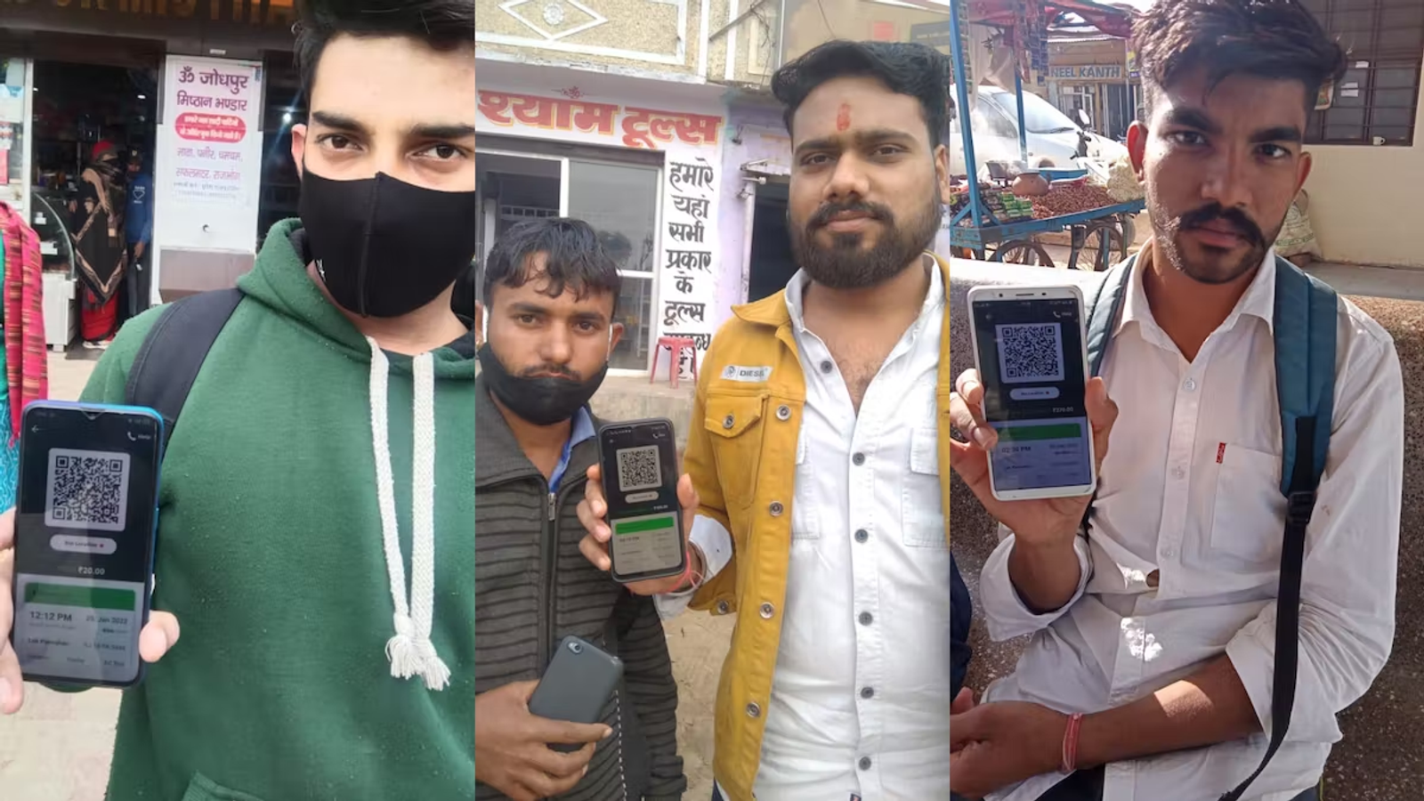 3 images of commuters in India showing their smartphones and them using the ApniBus application