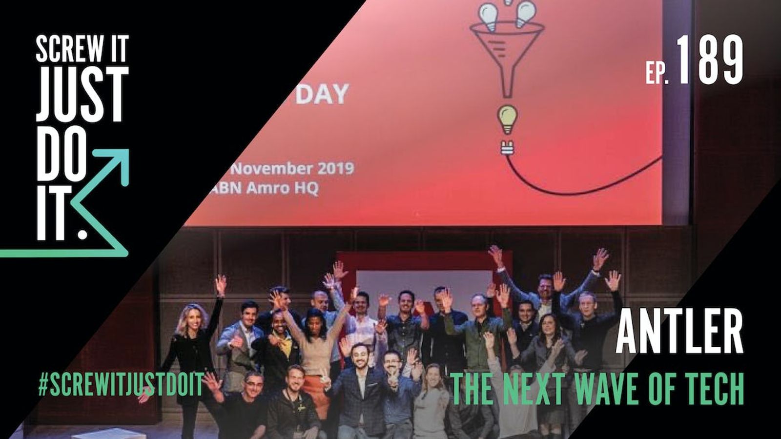 Group of people pose for photo with hands in the air with Antler the next wave of tech at conference 