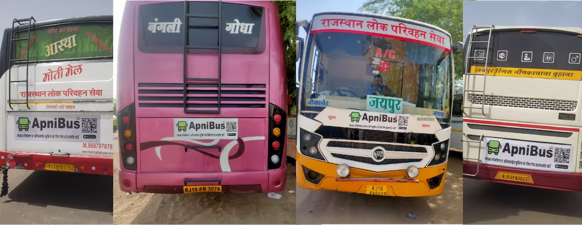 4 images of inter-city buses in India showing an ApniBus decal