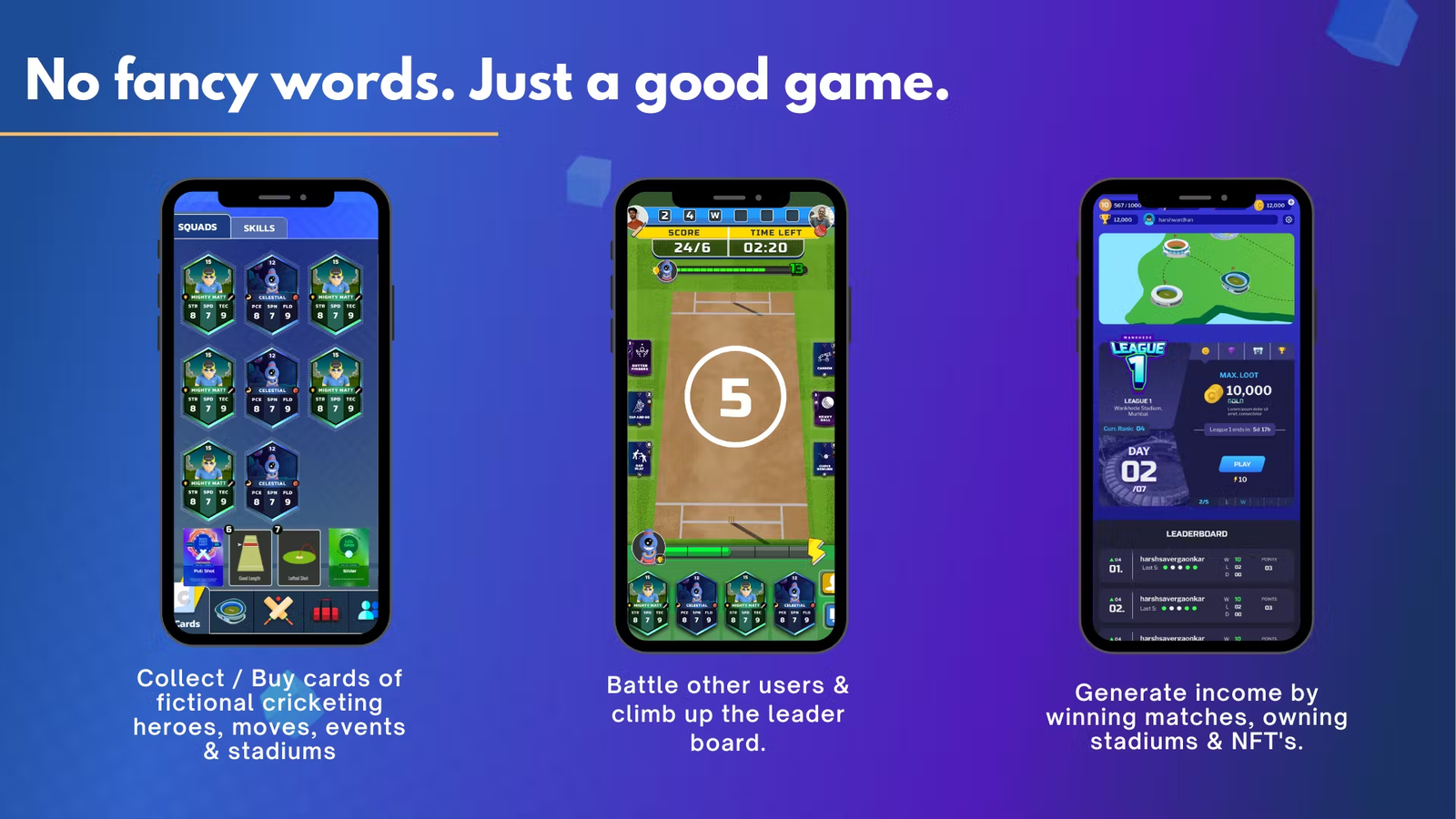 An advertisement showing 3 smartphones with screenshots of the Cricinshots user interface with descriptions of the particular interface use under each smartphone