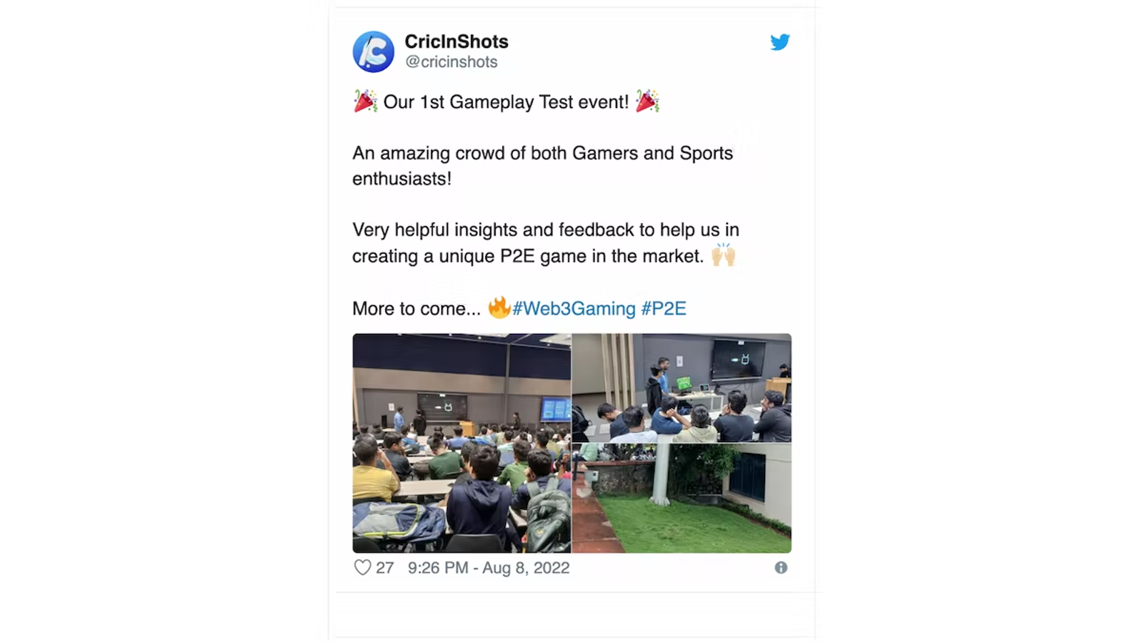 Screenshot of a Tweet from the CricinShots Twitter account showing a feedback session hosted by CricinShots for its users to give them useful feedback on their gaming application