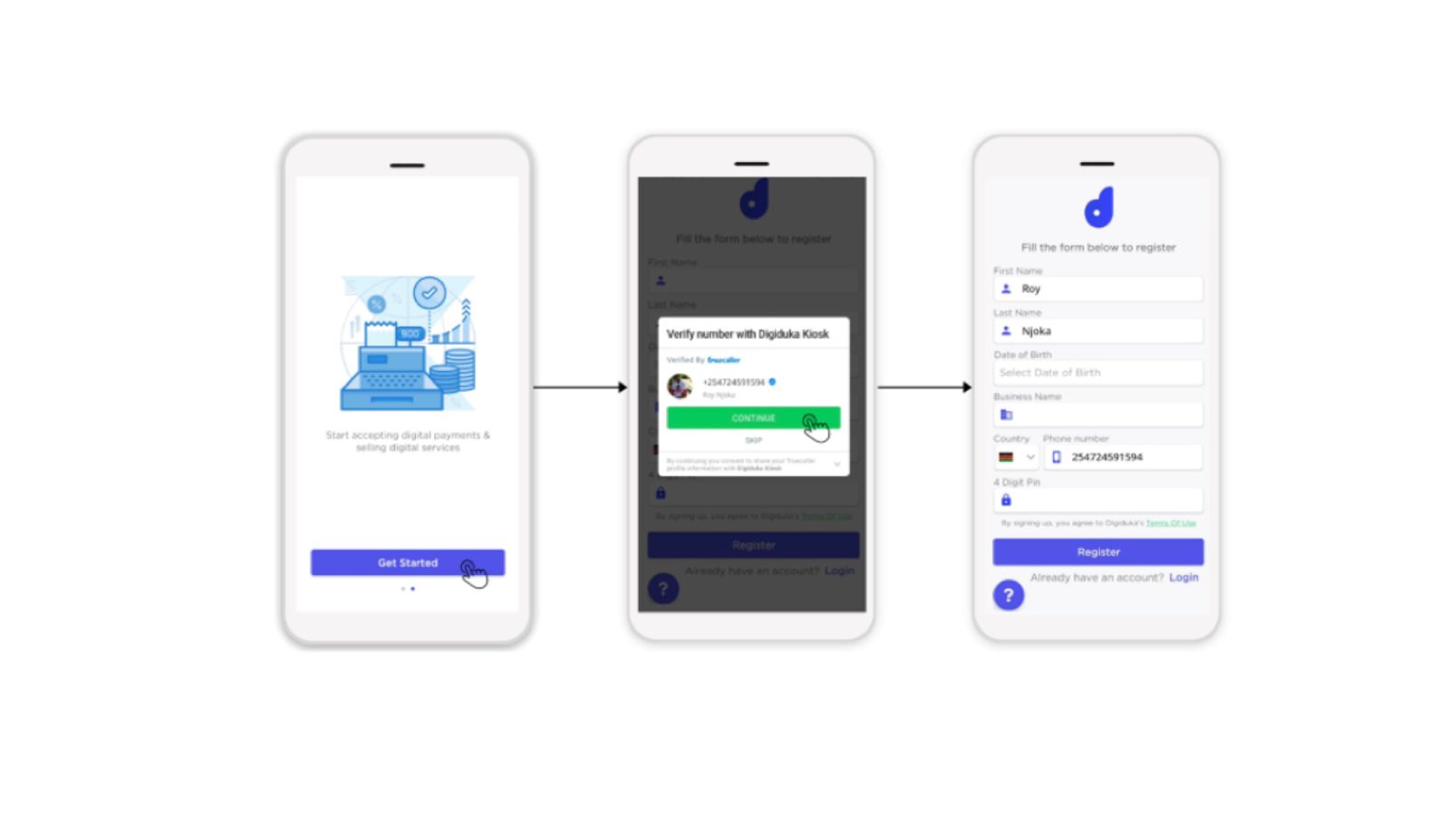 Image of three phones showing verification steps via truecaller SDK on Digiduka App