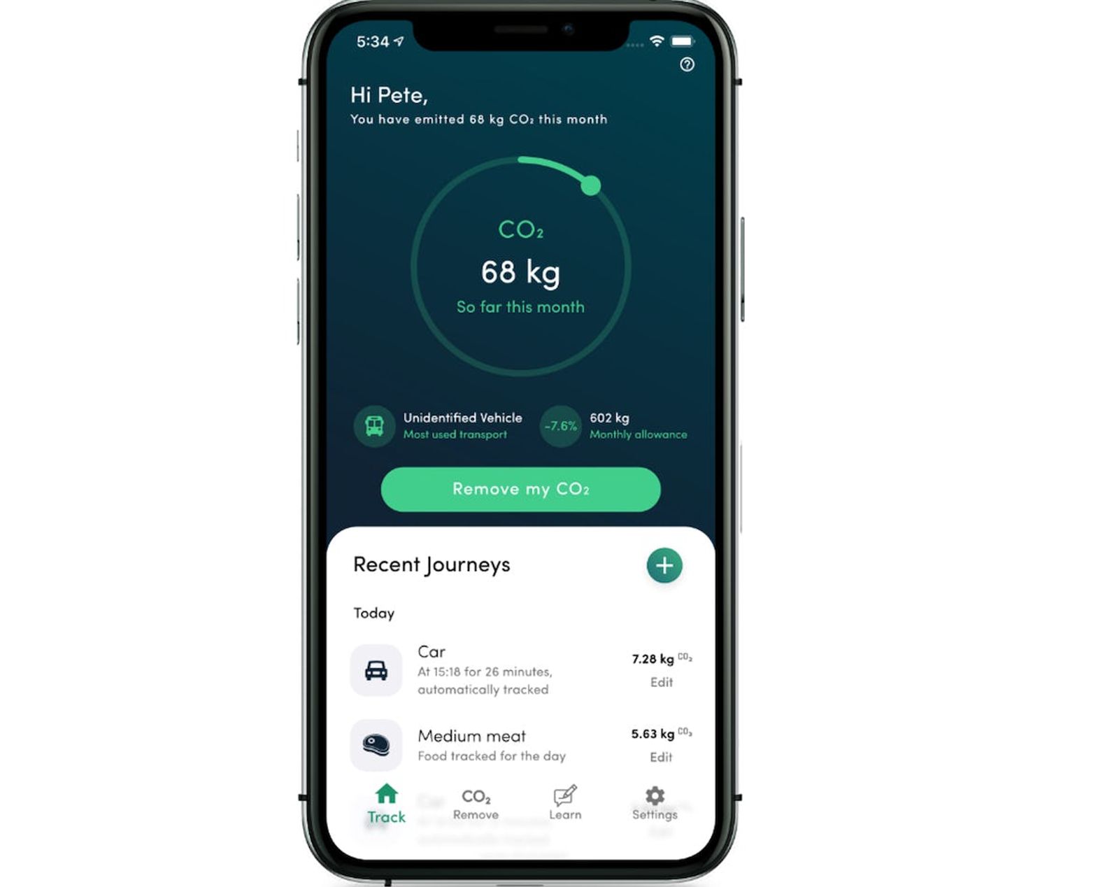 Image of IPhone with App open showing the amount of CO2 Pete has used this month