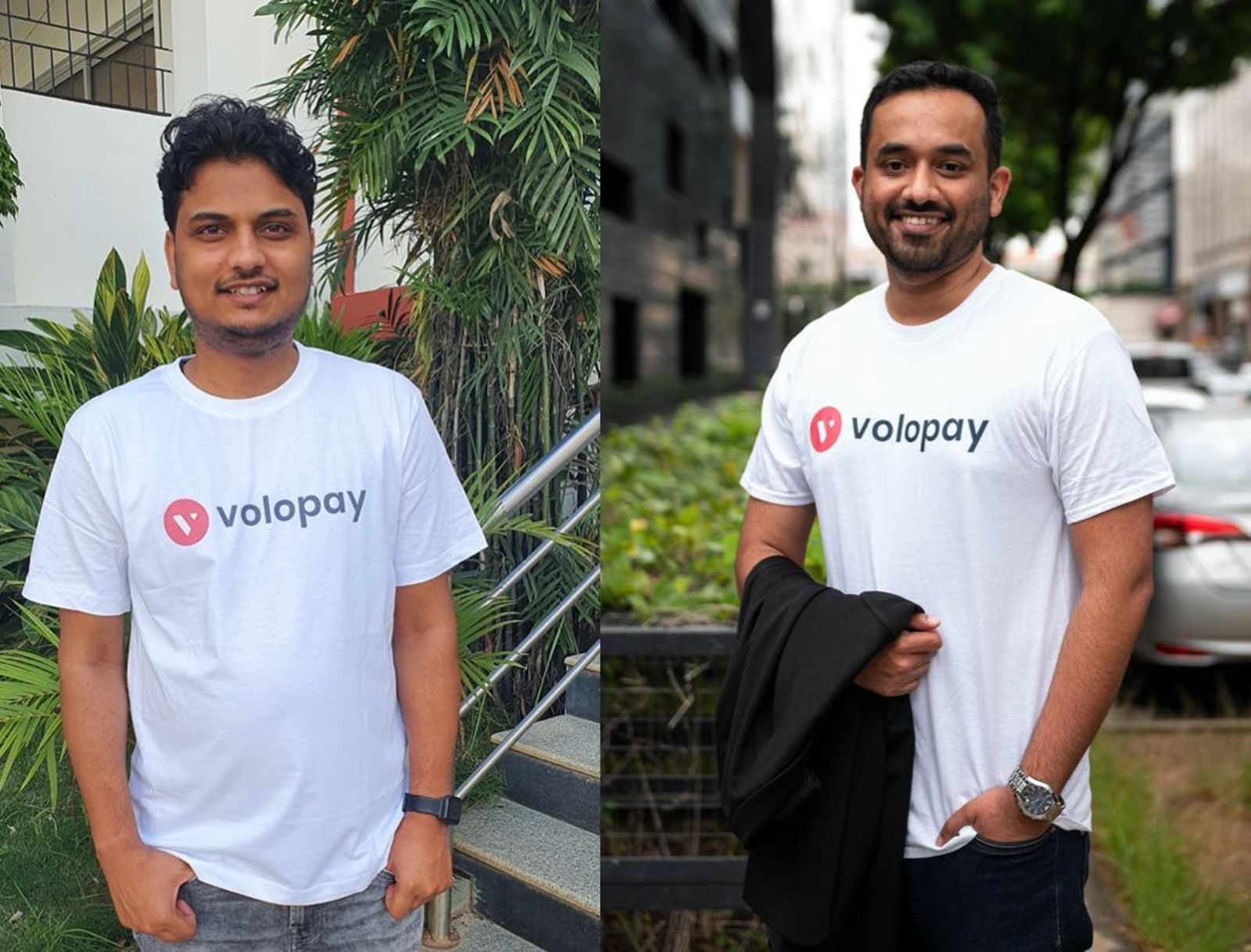 Volopay CTO Rajesh Raikwar and CEO Rajith Shaji wearing voloplay t shirts 