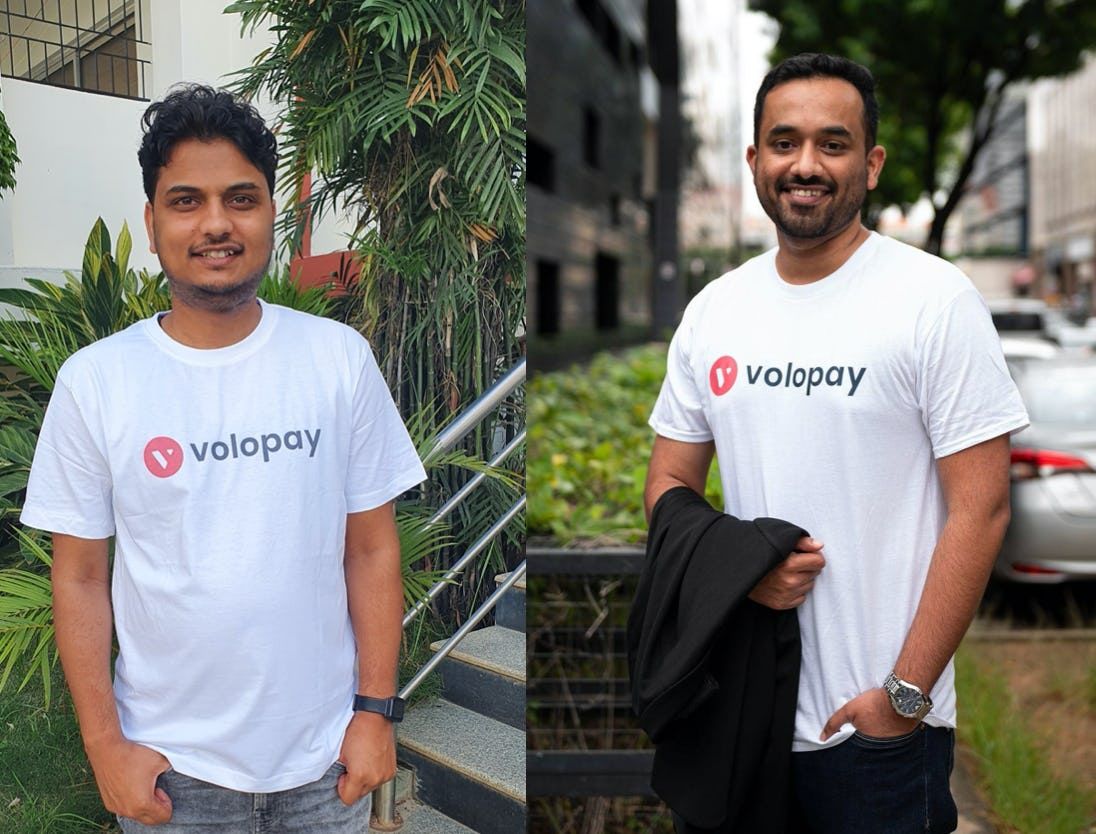Volopay CTO Rajesh Raikwar and CEO Rajith Shaji wearing voloplay t shirts