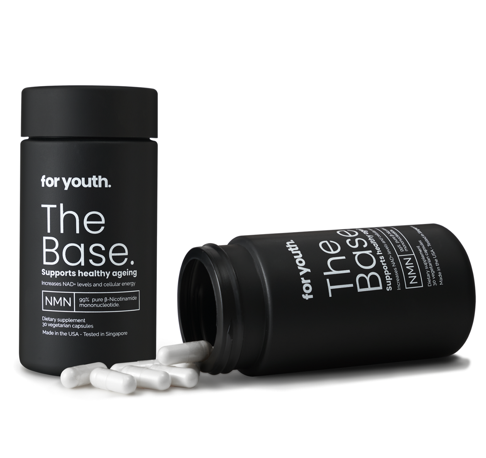 Two the base for youth supplements one standing closed and one open with pills spilling out