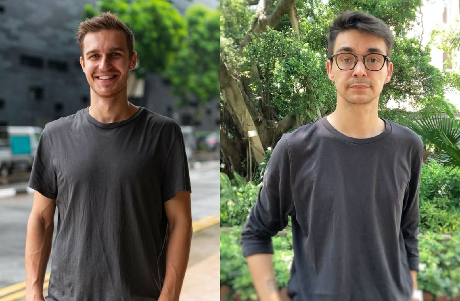 Photo of Empala CEO Eugene Bochkov and CTO Mark Larsen in black t shirts outside