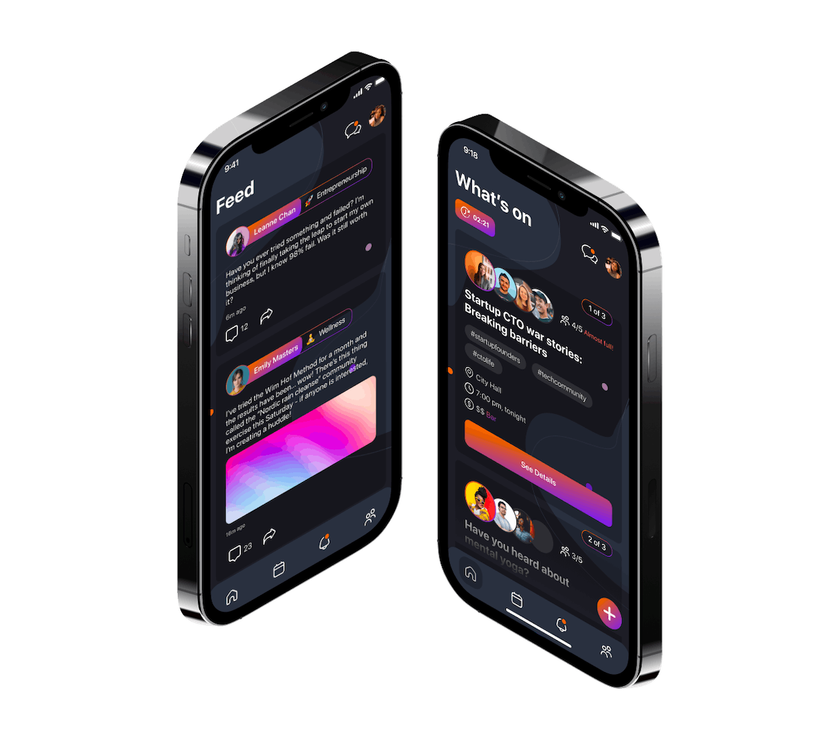 An image of two iPhones illustrating the Soda interface and matching algorithm
