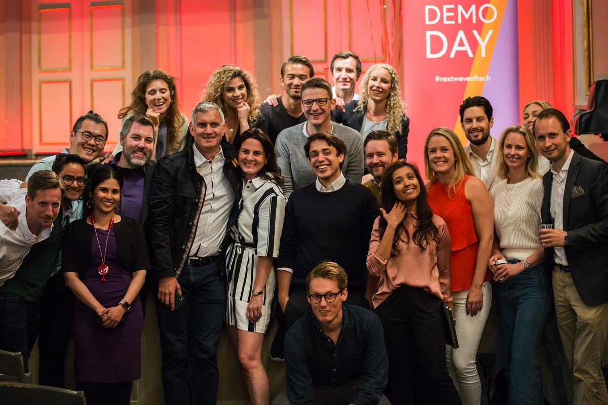 Group poses together at Stockholm's inaugural Demo Day