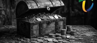 Baú do tesouro com moedas e logo do Tesouro Direto, simbolizando investimento seguro no governo federal.