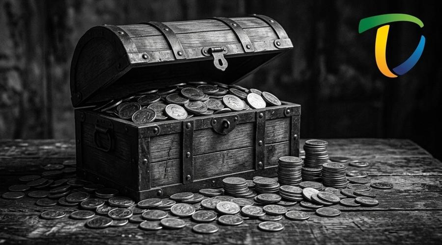 Baú do tesouro com moedas e logo do Tesouro Direto, simbolizando investimento seguro no governo federal.