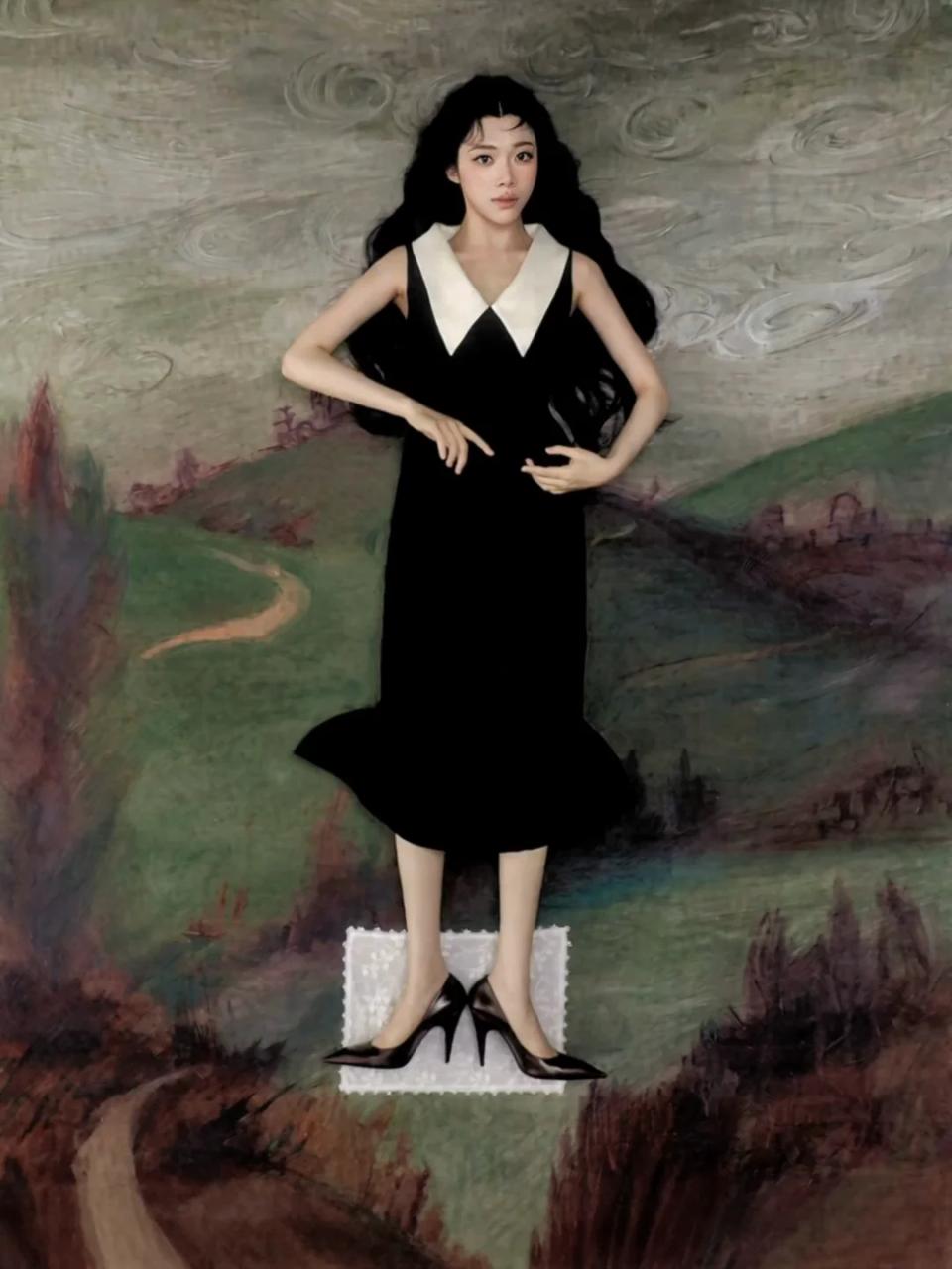 Sammi Chen in a black dress standing in a muted painted landscape.