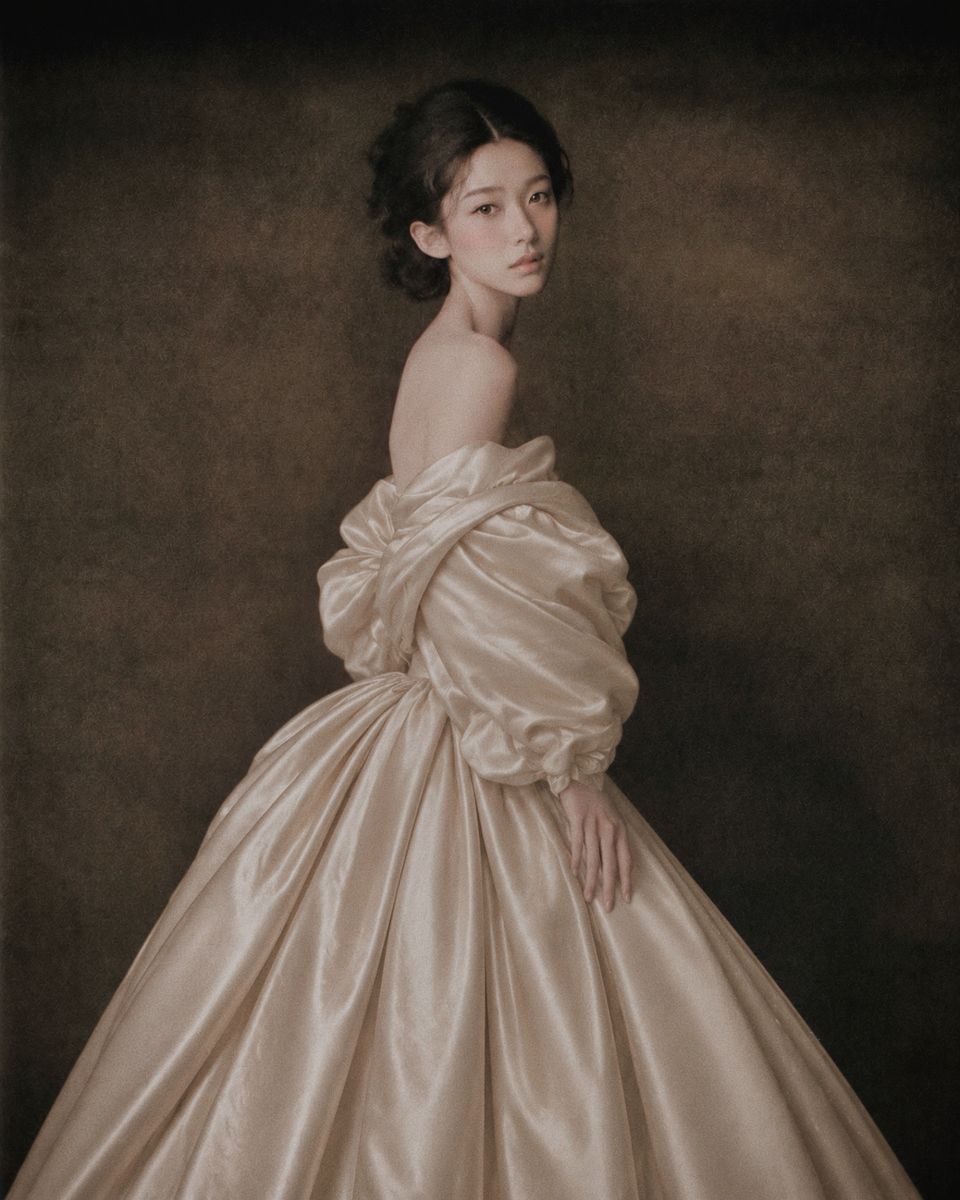 Sammi Chen in a silk dress standing in front of a canvas.