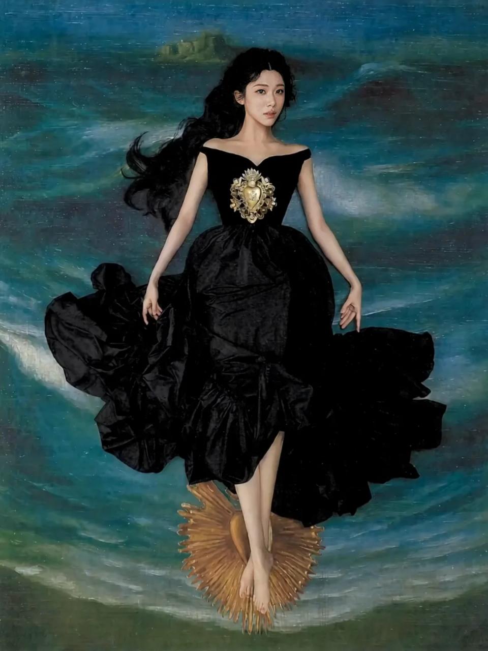 Sammi Chen in a black dress standing against a painted teal seascape.