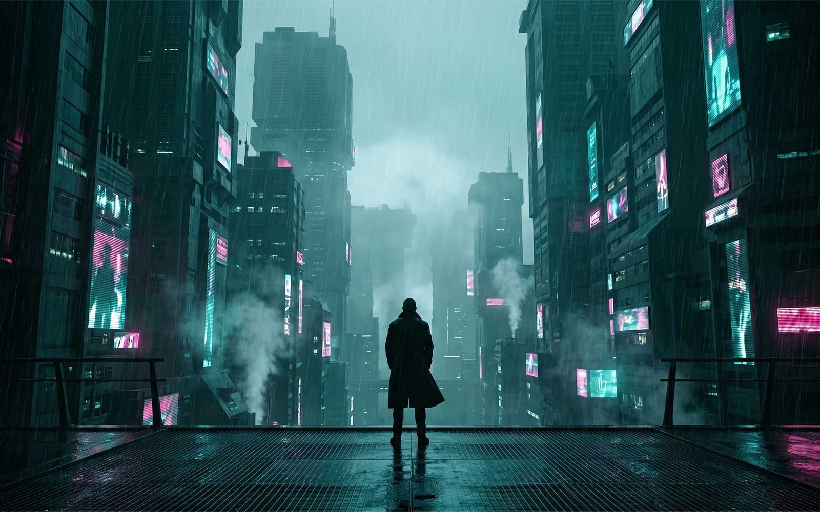 A lone silhouetted figure in a long trenchcoat stands on a rain-slicked elevated walkway overlooking a vast cyberpunk megacity canyon below.