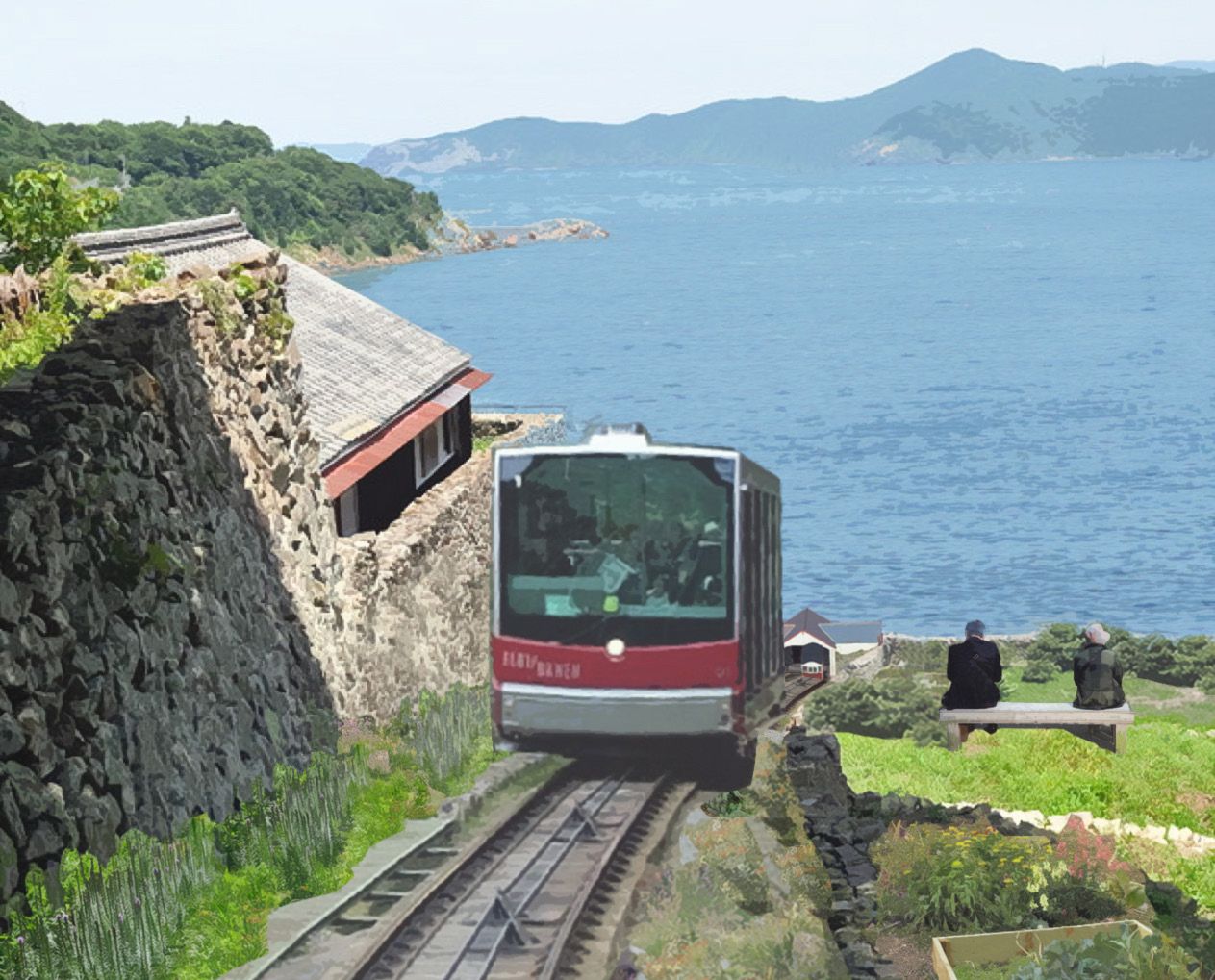 CAPTION: The Funicular with a View to the Bay and Pacific Ocean Beyond - S.Kanda/K.Schierhold 