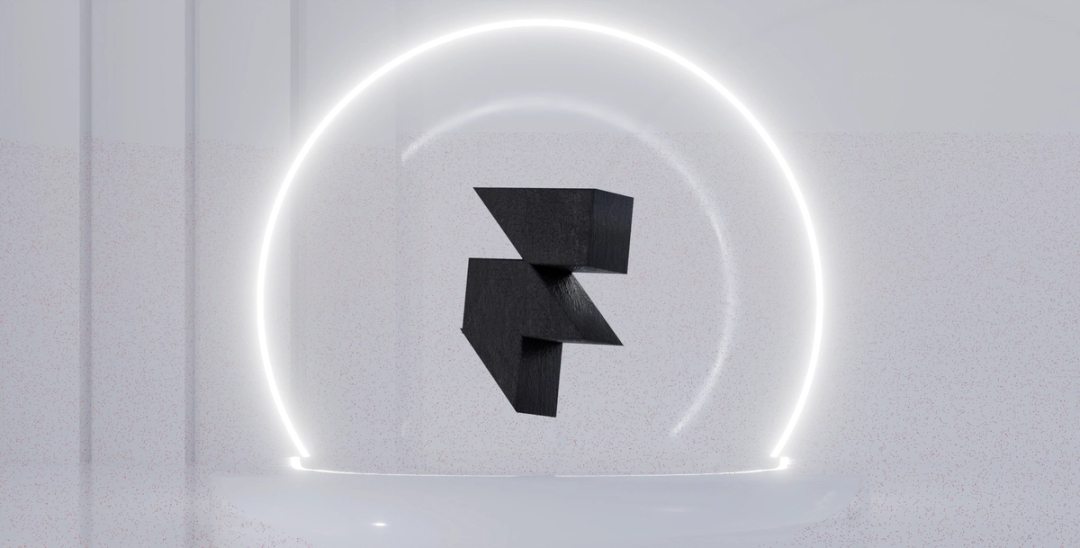 Framer logo floating in white space with white circular neon around it