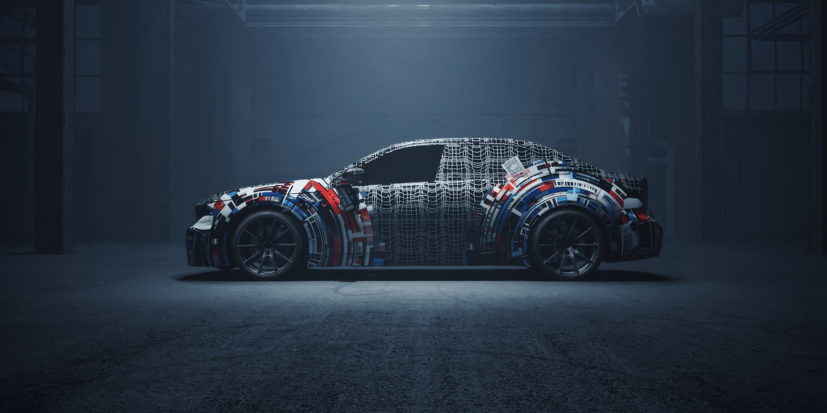Sports car prototype in a brutalist hall
