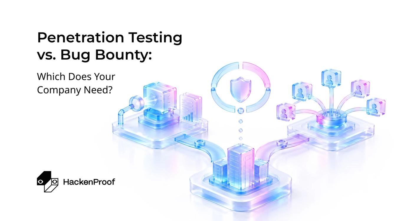 Penetration testing vs. bug bounty illustration: a scanner with a report and a crowd of researchers, both protecting a company