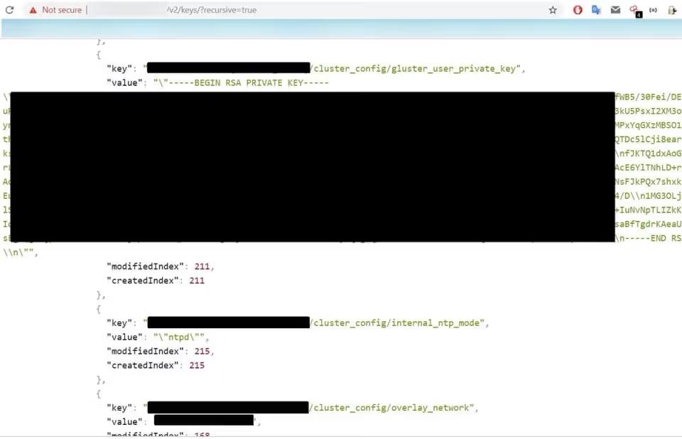 JSON output from the exposed etcd store showing a Gluster user private key value beginning "-----BEGIN RSA PRIVATE KEY-----," with the key body redacted, alongside internal NTP mode and overlay network configuration entries.