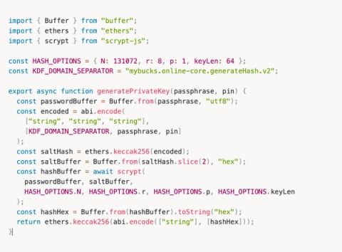 JavaScript code showing how mybucks.online derives a private key from passphrase and PIN using Scrypt and Keccak256 entirely in the browser
