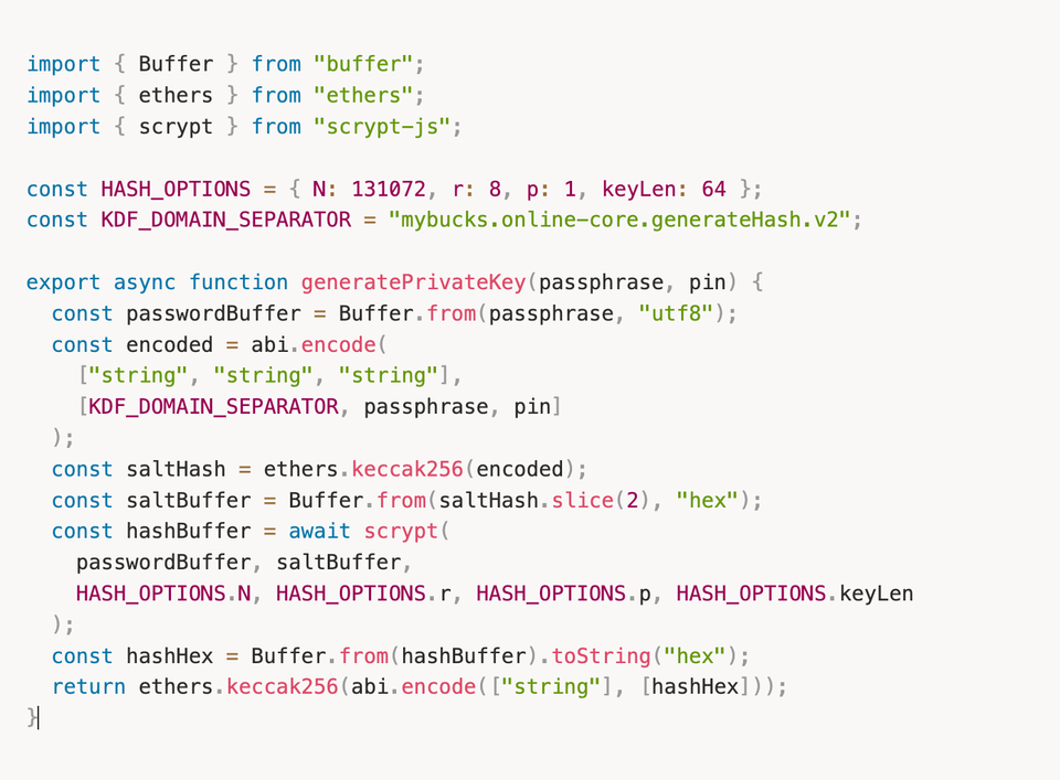 JavaScript code showing how mybucks.online derives a private key from passphrase and PIN using Scrypt and Keccak256 entirely in the browser