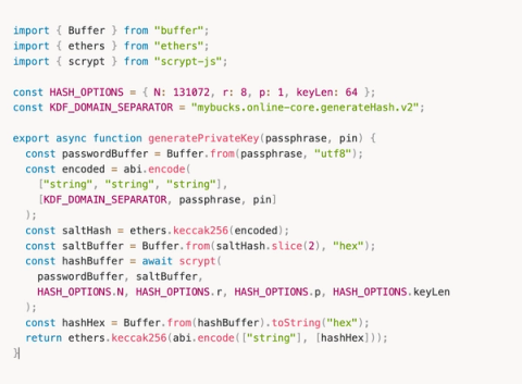 JavaScript code showing how mybucks.online derives a private key from passphrase and PIN using Scrypt and Keccak256 entirely in the browser