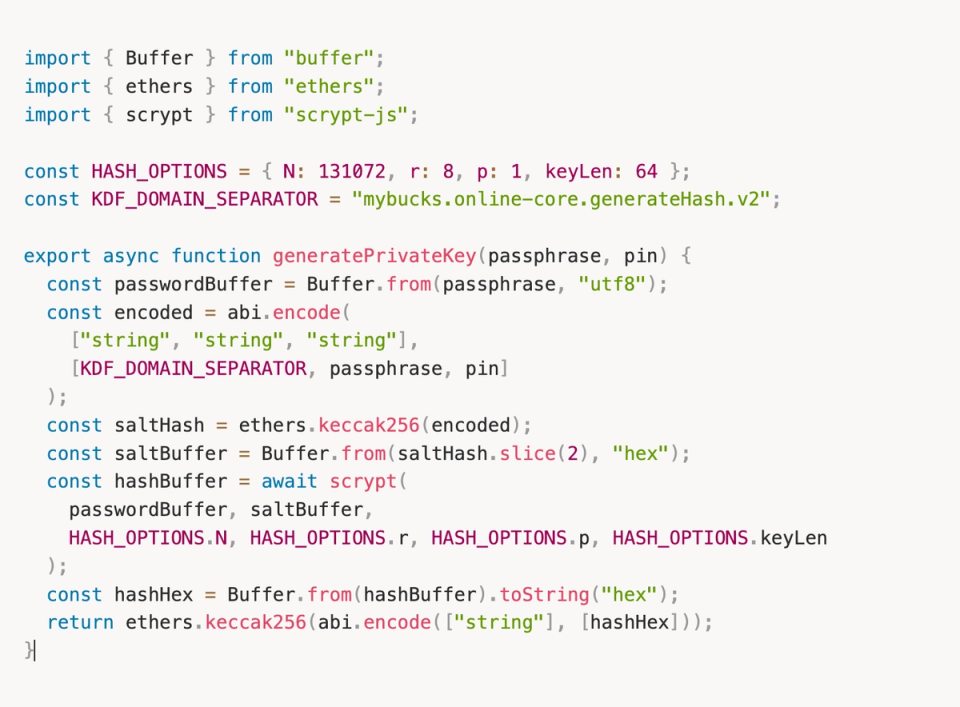 JavaScript code showing how mybucks.online derives a private key from passphrase and PIN using Scrypt and Keccak256 entirely in the browser