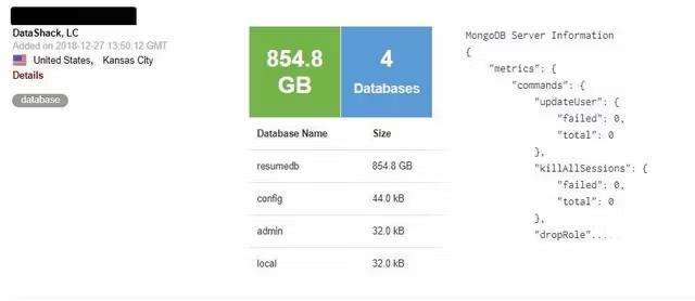 A security scan result card for a host labeled "DataShack, LC," added December 27, 2018, showing 854.8GB across 4 databases, with "resumedb" listed at 854.8GB and MongoDB server information visible alongside it.