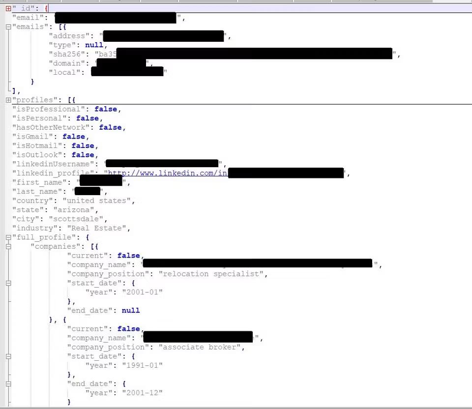 JSON viewer showing a single exposed record from the unsecured database—a scraped LinkedIn profile with email address, hashed email, LinkedIn username and profile URL, first and last name, country, state, city, industry, and a full employment history including company names, job titles, and start/end dates.