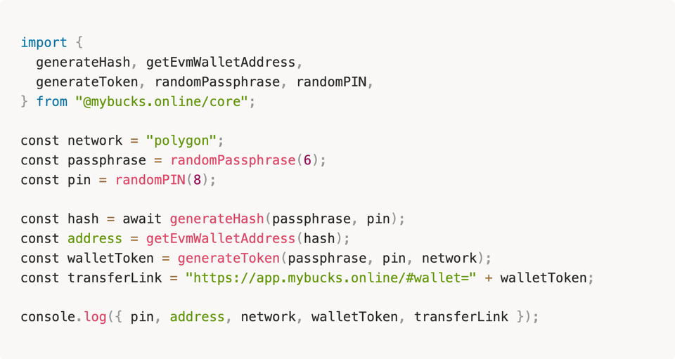 Solidity code demonstrating how mybucks.online encodes wallet credentials into a shareable URL hash fragment for 1-click gifting