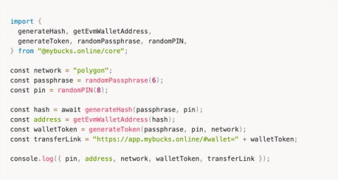 Solidity code demonstrating how mybucks.online encodes wallet credentials into a shareable URL hash fragment for 1-click gifting