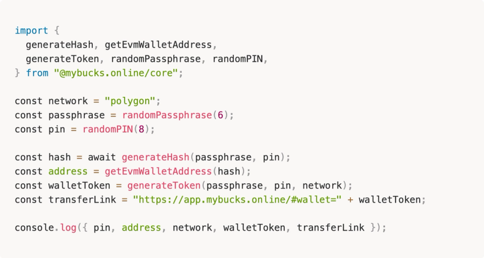 Solidity code demonstrating how mybucks.online encodes wallet credentials into a shareable URL hash fragment for 1-click gifting