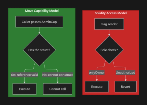 Flowchart comparing Move's capability-based access control with Solidity's msg.sender role system, showing how each model gates function execution.