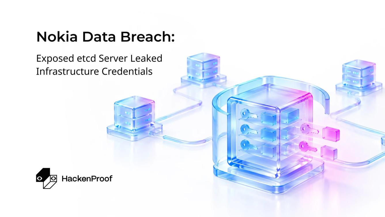 Featured graphic reading "Nokia Data Breach: Exposed etcd Server Leaked Infrastructure Credentials," with a HackenProof-branded illustration of a glass server vault holding keys, connected to server nodes with keys flowing outward.