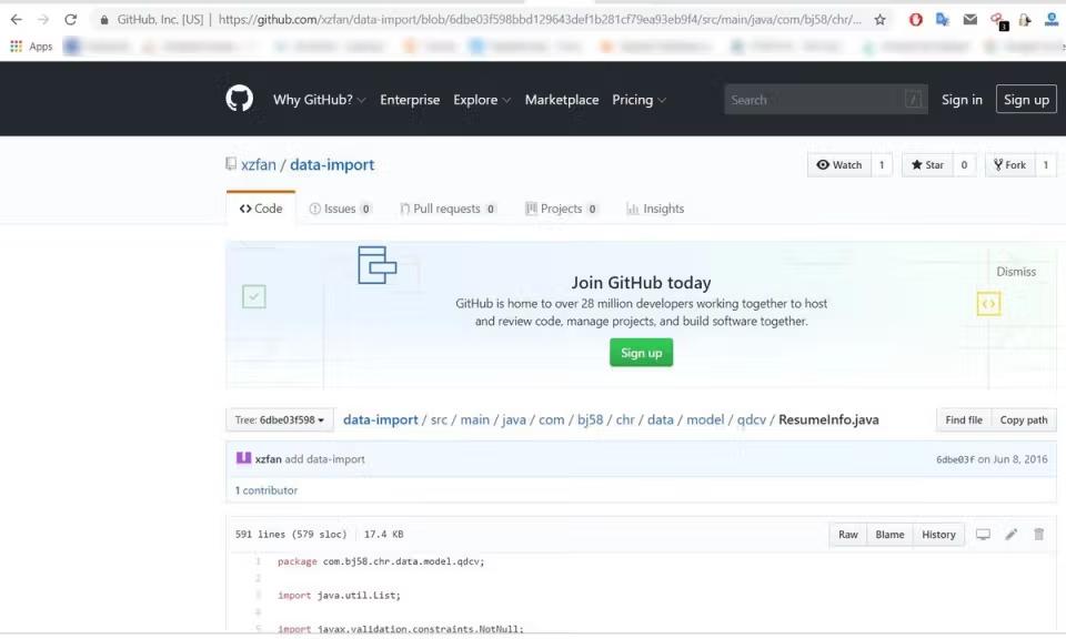 GitHub repository page for "xzfan/data-import," showing a Java file path of data-import/src/main/java/com/bj58/chr/data/model/qdcv/ResumeInfo.java, the likely source of the scraping tool tied to the exposed database.