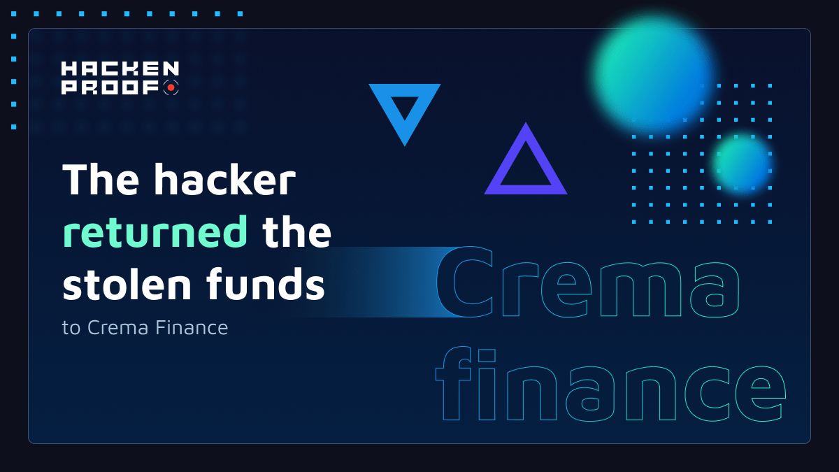 The hacker returned stolen funds to Crema Finance, a part was kept for himself as a bug bounty