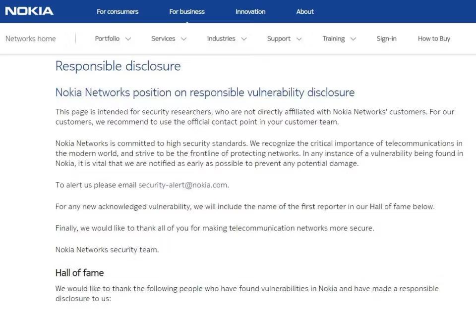 Screenshot of Nokia's "Responsible disclosure" page for Nokia Networks, describing its vulnerability reporting process via security-alert@nokia.com and its public Hall of Fame for researchers.