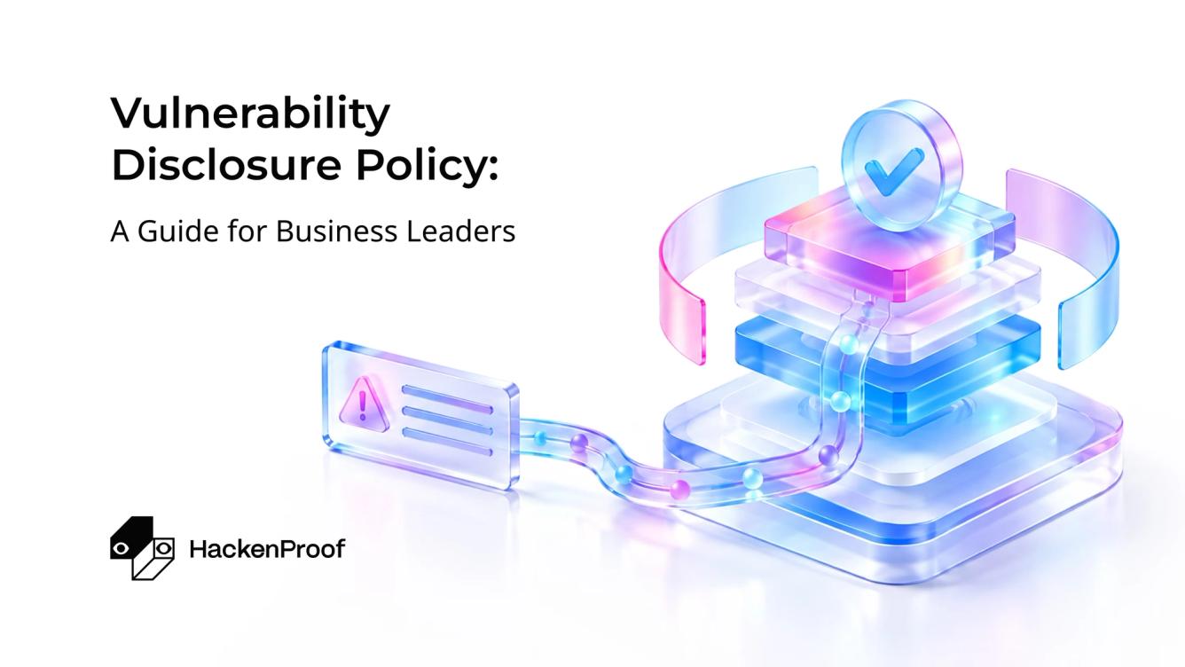 Vulnerability disclosure policy illustration: a vulnerability report travels along a path into a layered security stack topped by a checkmark