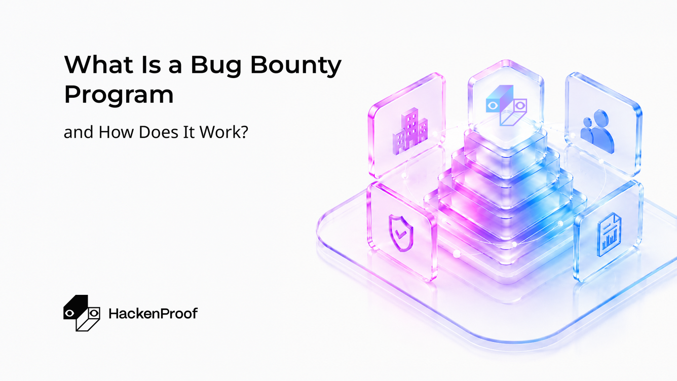 HackenProof-branded hero image for the article What Is a Bug Bounty Program and How Does It Work, featuring a glowing mechanical bug against a purple abstract background