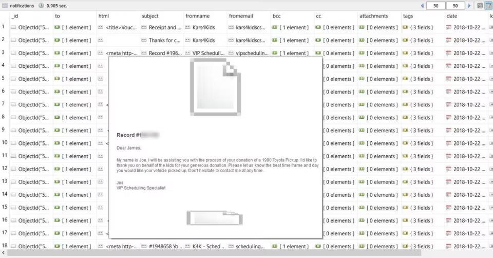 Table of Kars4Kids notification records with a popup showing a donor confirmation email for a vehicle pickup.