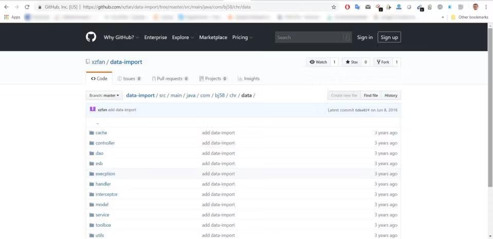 GitHub file tree for the data-import repository's com/bj58/chr/data directory, showing folders named cache, controller, dao, esb, handler, interceptor, model, service, toolbox, and utils.