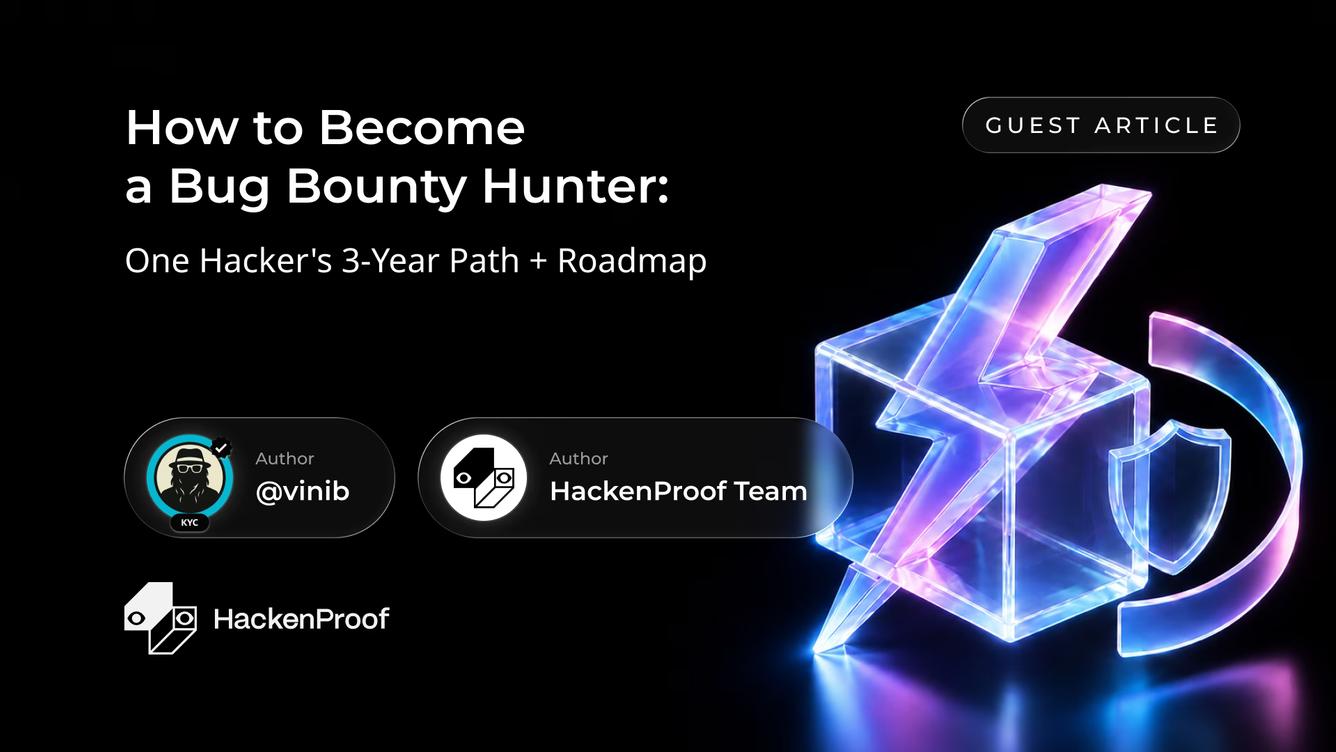 Guest article cover for “How to Become a Bug Bounty Hunter: One Hacker’s 3-Year Path + Roadmap” by @vinib and the HackenProof Team