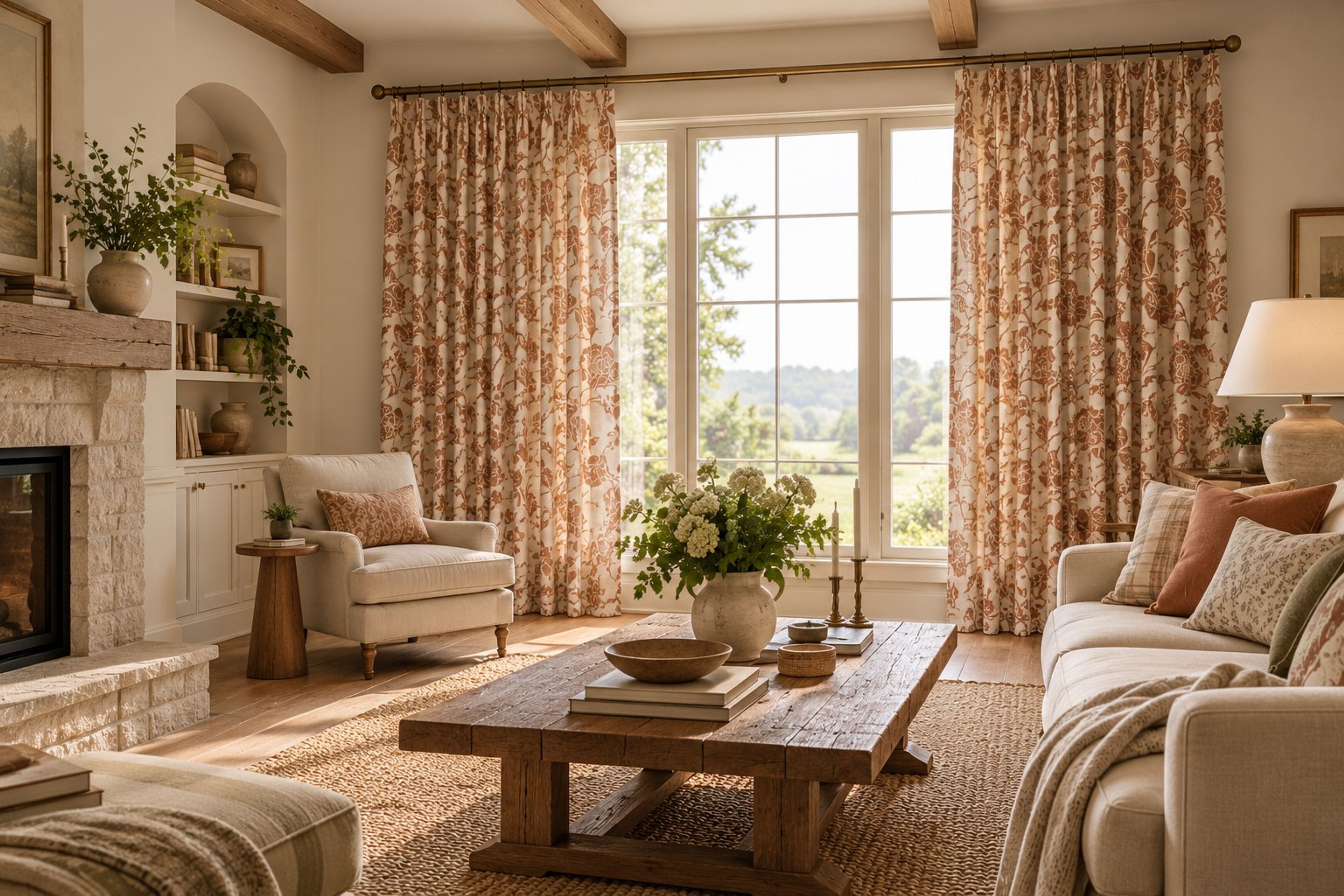 Rust vintage floral curtains in a fireside living room